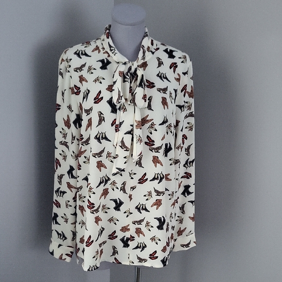 Vintage Cartise Shoe Print Tie Neck Bow Blouse Gold Rectangle Buttons - Picture 2 of 10